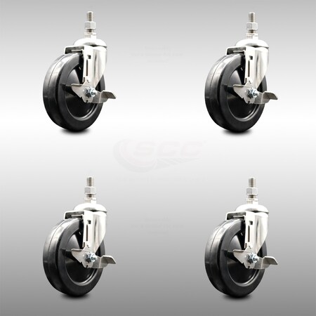 Service Caster 5 Inch 316SS Hard Rubber Wheel Swivel 3/8 Inch Threaded Stem Caster Set Brake SCC-SS316TS20S514-HRS-TLB-381615-4